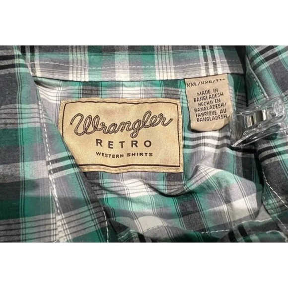 XXL Men's Green Plaid Wrangler Retro Western Cowboy Collared Pearl Button Shirt - Picture 6 of 8